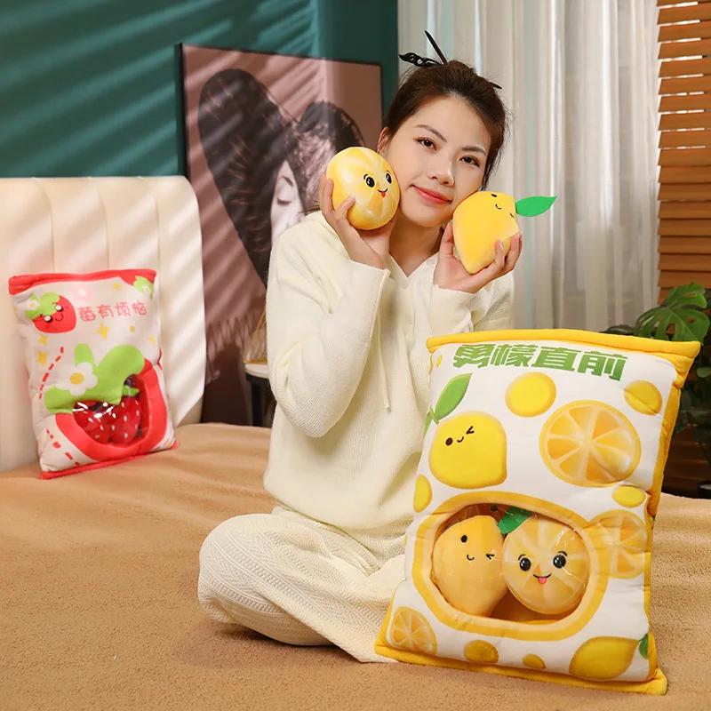 A Plushie Fruit Bag Pudding Toys Doughnut Bag Mini Fruit Strawberry Avocado Lemon Dolls Snacks Food Pillow for Friends