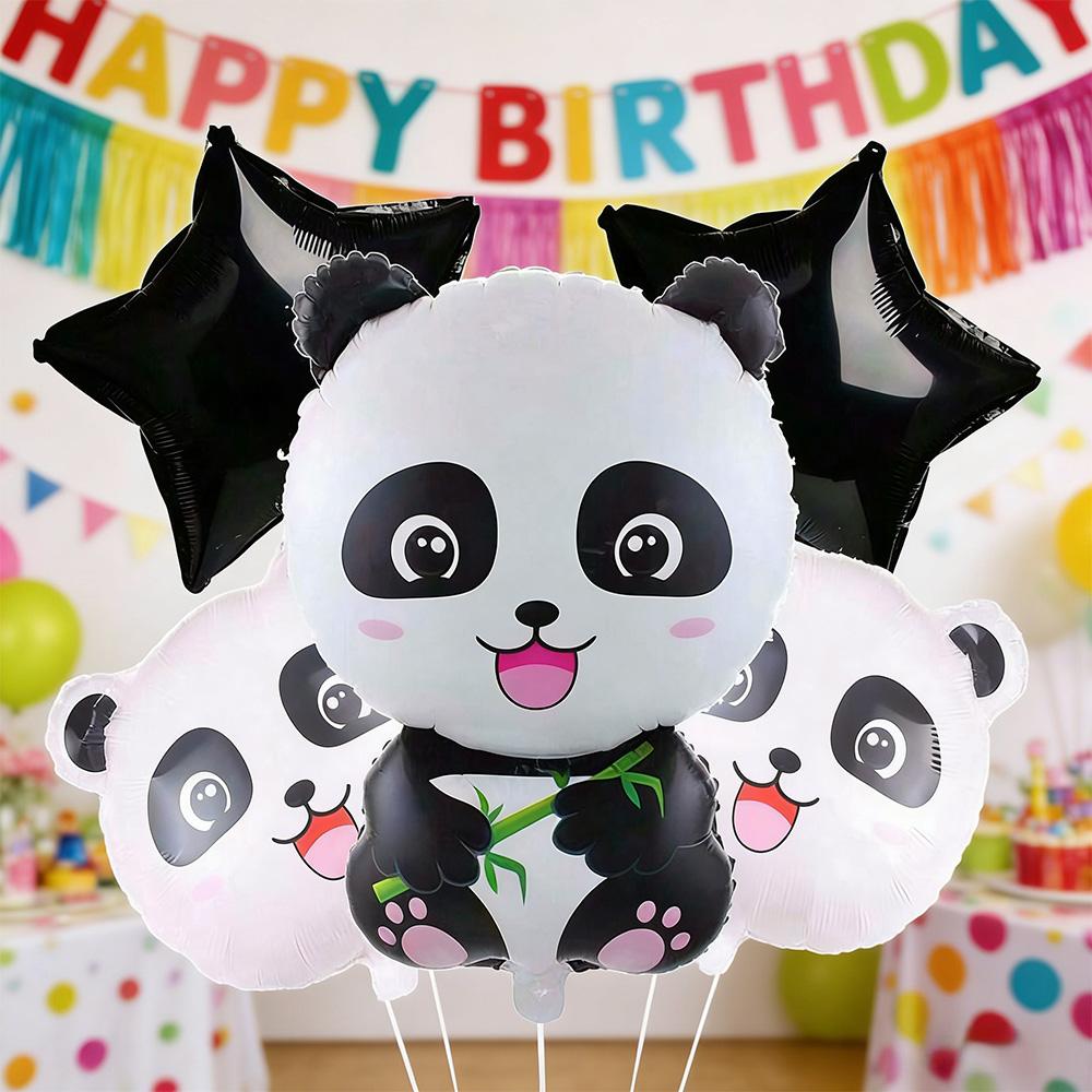 5-Piece Set of Panda Head and Five-Pointed Star Aluminum Foil Balloons, Suitable for Birthday Parties, Panda-Themed Birthday Party Decorations