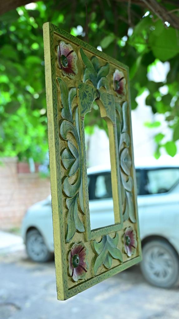 Hand Carved Wooden Jharokha Wall Decor - Indian Flower Design