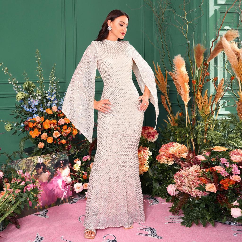 Elegant Sequin Round Neck Long-Sleeved Evening Dress for Bridesmaids