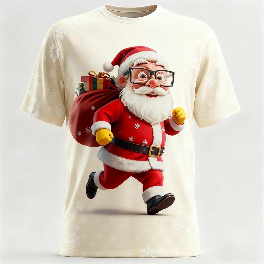 Fun Santa Claus 3D Print Sporty Men T-shirt Casual Loose Street Christmas Party Harajuku Cartoon Cute Short-sleeve Clothing Top