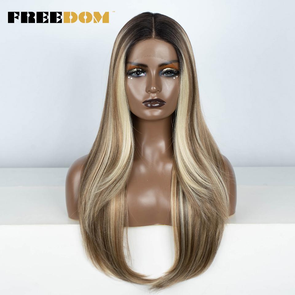 FREEDOM 28 Inch Straight Synthetic Lace Front Wigs For Women Ombre Brown Blonde Highlight Layer Cosplay Lace Wigs Heat Resistant