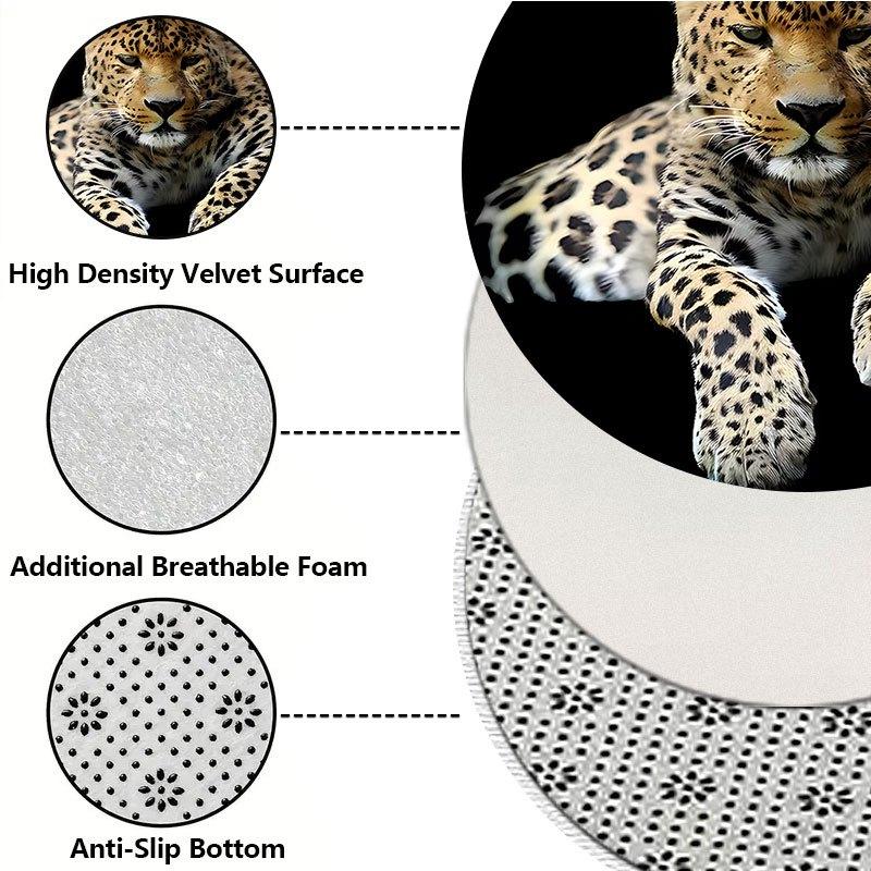 Black background with leopard Flannel-printed round floor mats are slip-resistant Suitable living room terrace garden carpets