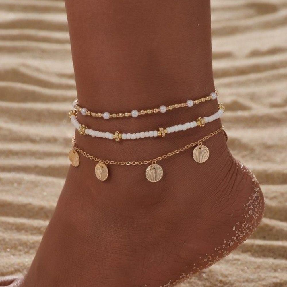 

3pcs/set Bohemian Charm Anklet Set Multi-Layer Shell Pearl Ankle Bracelet for Women
