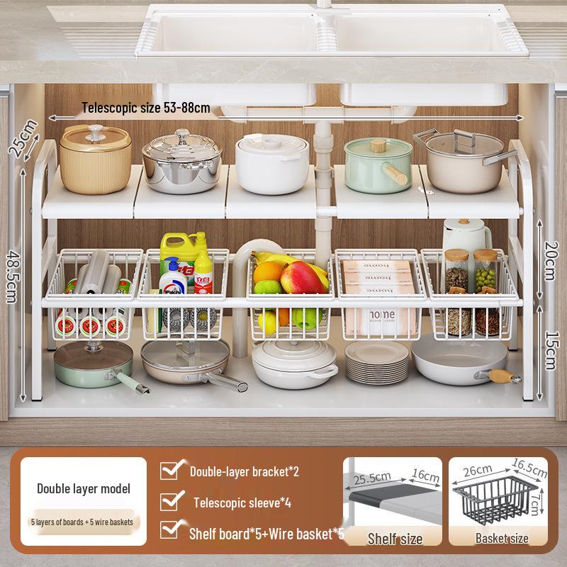 Retractable Under-Sink Tiered Shelf and Pot Storage Rack