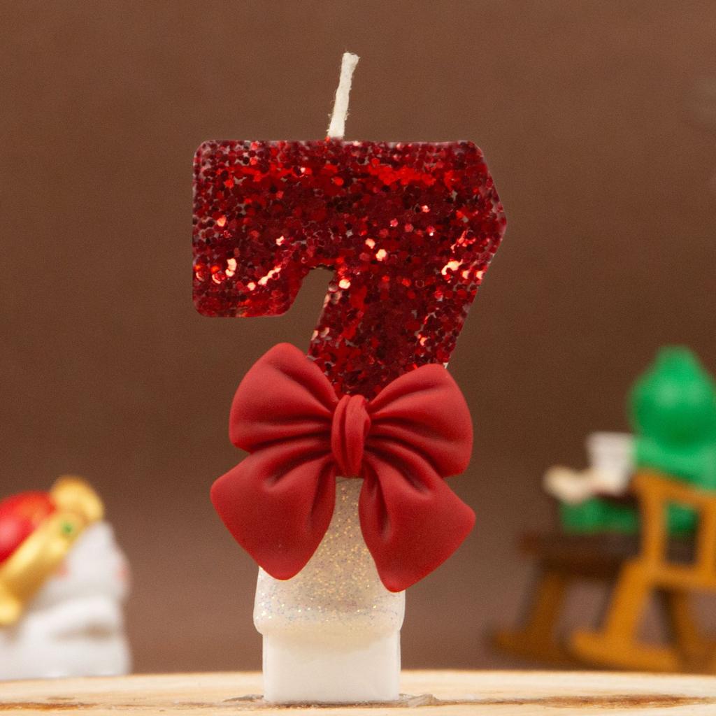 Red White Sequins Bow 0-9 Birthday Digital Candle - Creative Premium Cake Decoration