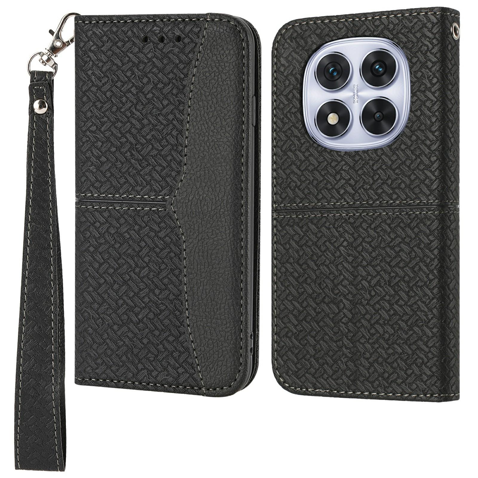 

For Xiaomi Redmi Note 14 Pro+ 5G Magnetic Case Woven Texture Card Slots Cover Black
