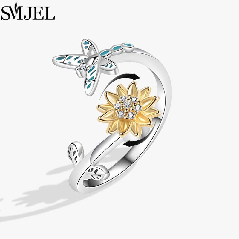 Luxury Anti Stress Anxiety Rings Fidget Spinner Ring Adjustable for Women Cute Flower Cat Starfish Ring Rotating Freely Jewelry