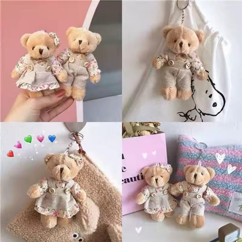 1-20PCS Cute Linen Teddy Bear Keychain Women Couple Country Style Keychain on Bag Car Trinket Female Wedding Party Toy Girl Gift