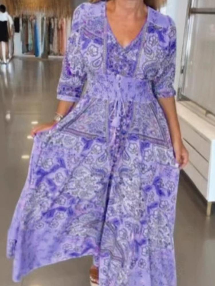 

Elegant Floral Print V-Neck Midi Dress with Drawstring Waist, 3/4 Sleeve, Casual Summer Dress for Women 5XL фіолетовий