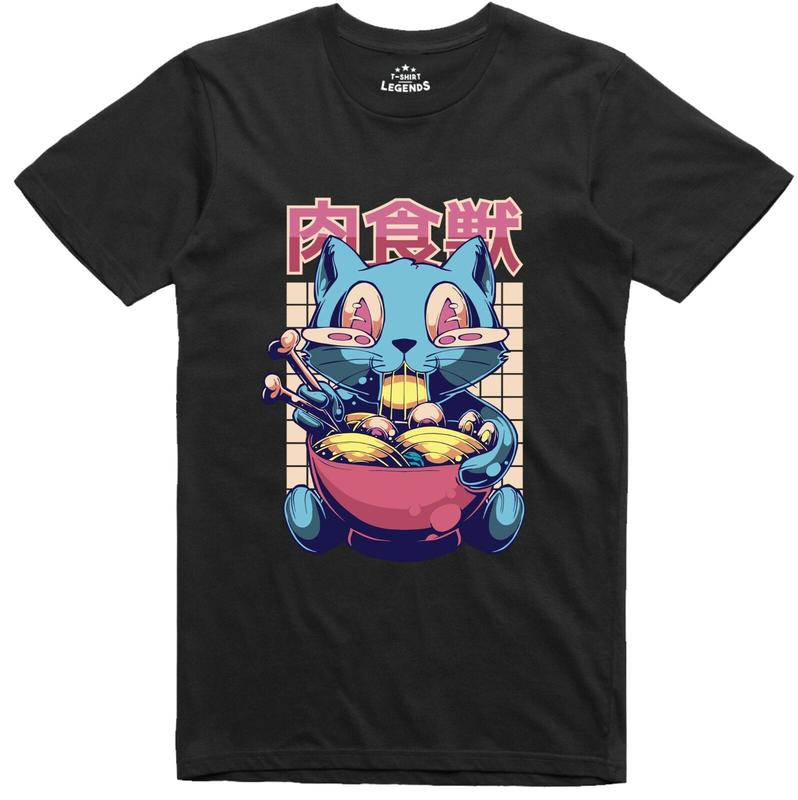 Anime Unisex T-Shirt Cat Ramen Noodles Manga Japanese Geek Regular Fit Tee M