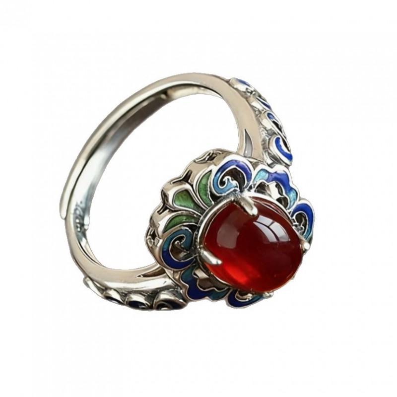 Adjustable Vintage Red Agate Enamel Ring Women Men Geometric Boho Statement Jewelry