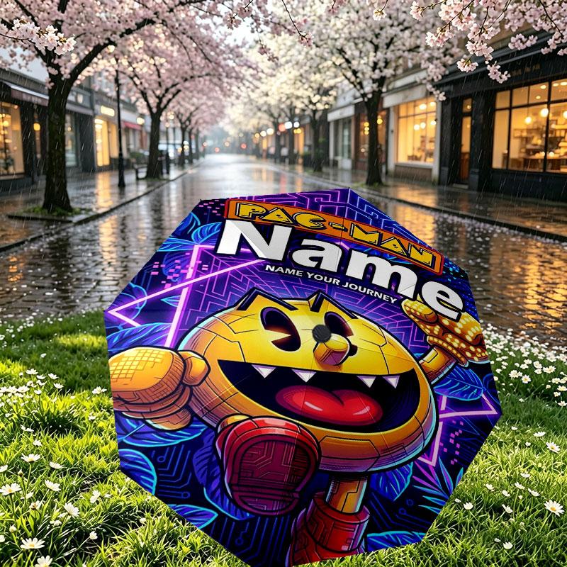 Custom Name Personalized PAC MAN Print Umbrella, Auto Open Close, 8‑Rib Sturdy Frame, Commute Camping Hiking Use, Birthday Gift