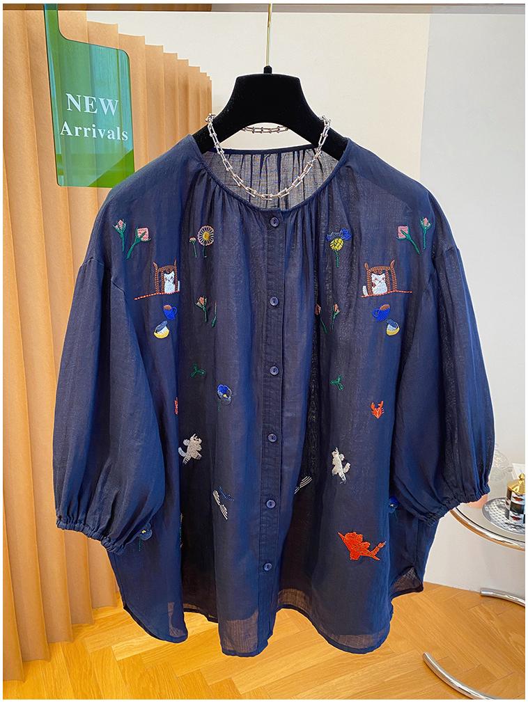 Women's Unique Embroidery Ramie Top - Extra Large, Lightweight, Chic, and Stylish for Summer 2026