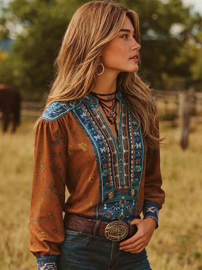 Cárdigan Festivo con Estampado Étnico Transfronterizo - Camisa Talla Grande para Mujer