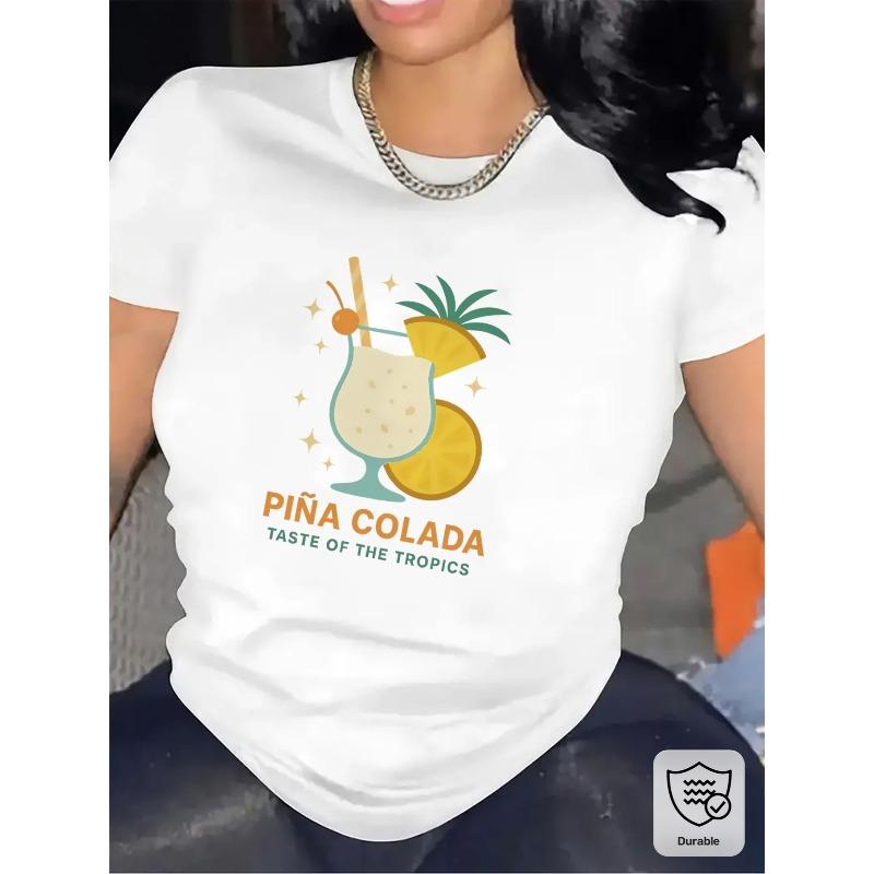 Women Pineapple Cocktail Print Tropical Beach Summer Casual Tee