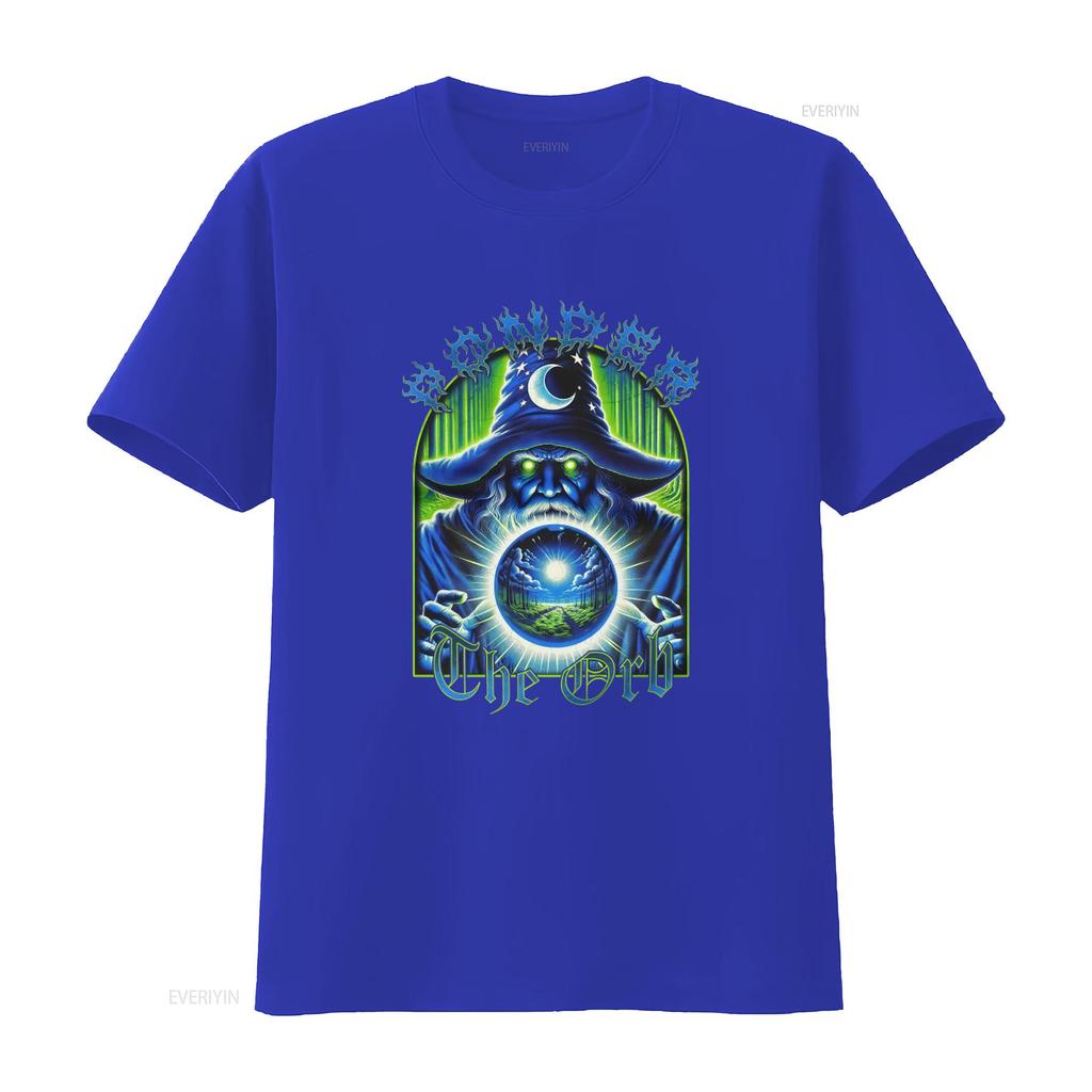 Vintage 80er Jahre Stil Zauberer Blau Ästhetik T-Shirt Extra Großer Druck mit Denke über die Kugel Design vintage Gewaschen Stilvoll homme
