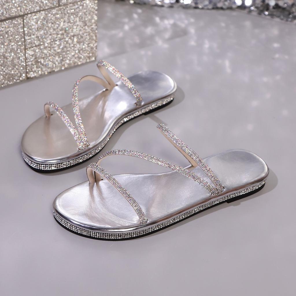 Fashion Women Slippers Sexy Narrow Band Slippers Women Summer Glitter Decoration Round Toe Flat Sandals Fashion Beach Shoes Slides Women