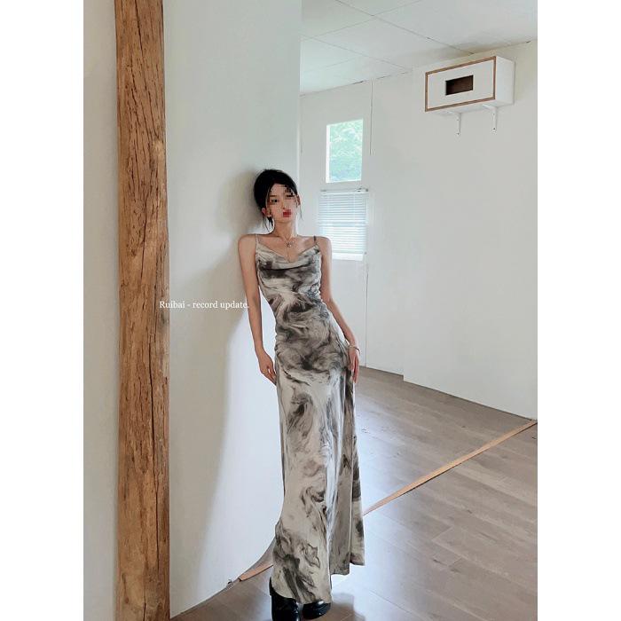 Spring/Summer V-Neck Off-Shoulder Chinese Ink Print Dress - Slim Fit, Backless, Hip-Hugging Long Dress Extra Large