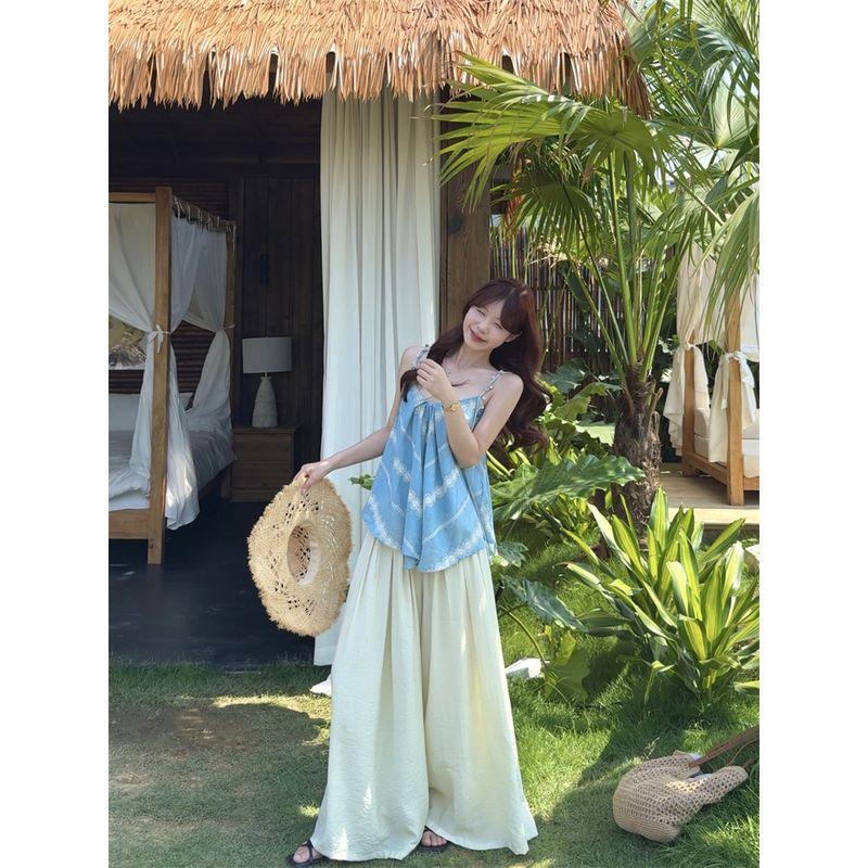 Kumikumi Holiday Style Set Irregular Cami Women Clothes Summer High Waist Loose Casual Pants Two-piece Set