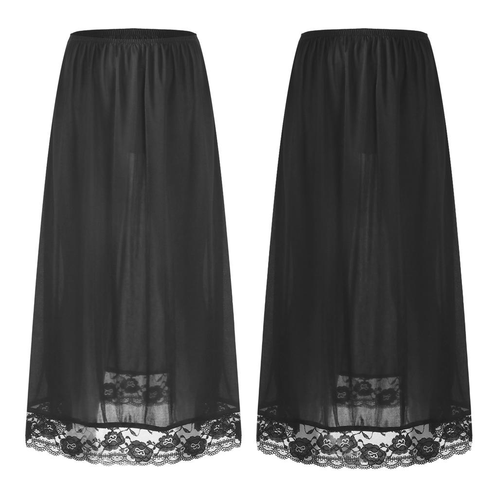 Women Stylish Clothing Elastic Waistband Lace Hem Skirt Thin Silk Satin Solid Color Inner Skirt