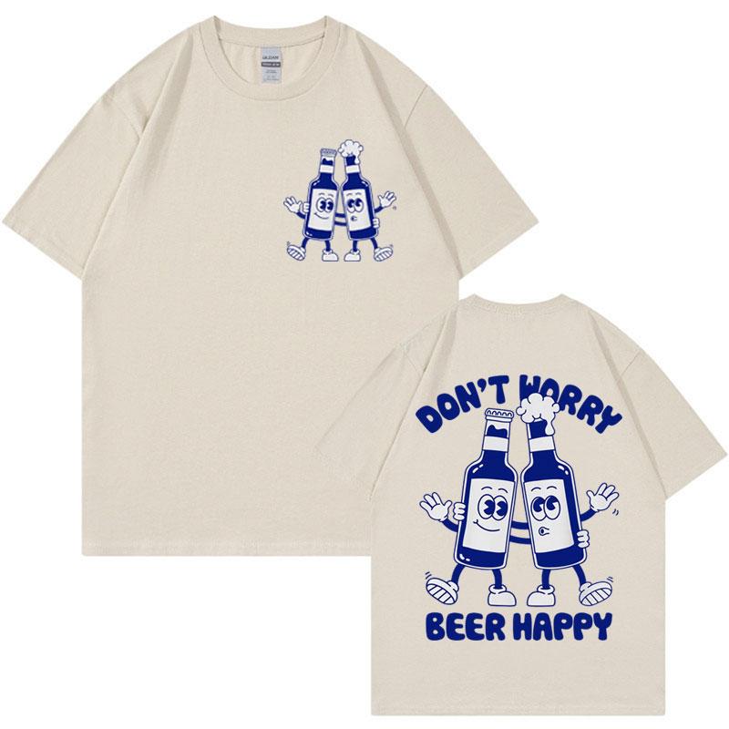 Dont Worry about Beer Happy  Interesting Emoji Tshirt 2025 Summer Mens Fashion Y2K Pure Cotton Printed Tshirt M