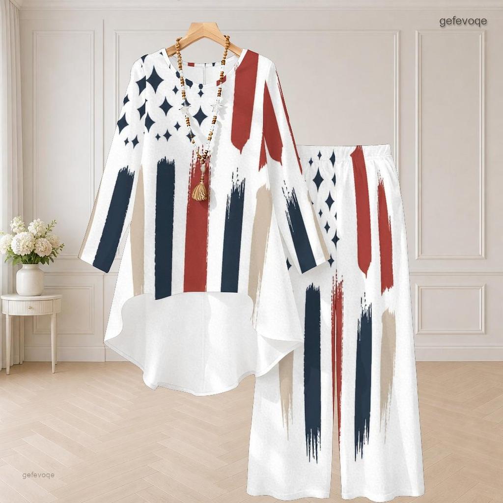 Women Plus Size Red Blue White Star Printed Round Neck Long Sleeve High Low Top Wide Leg Pants Two Piece Set