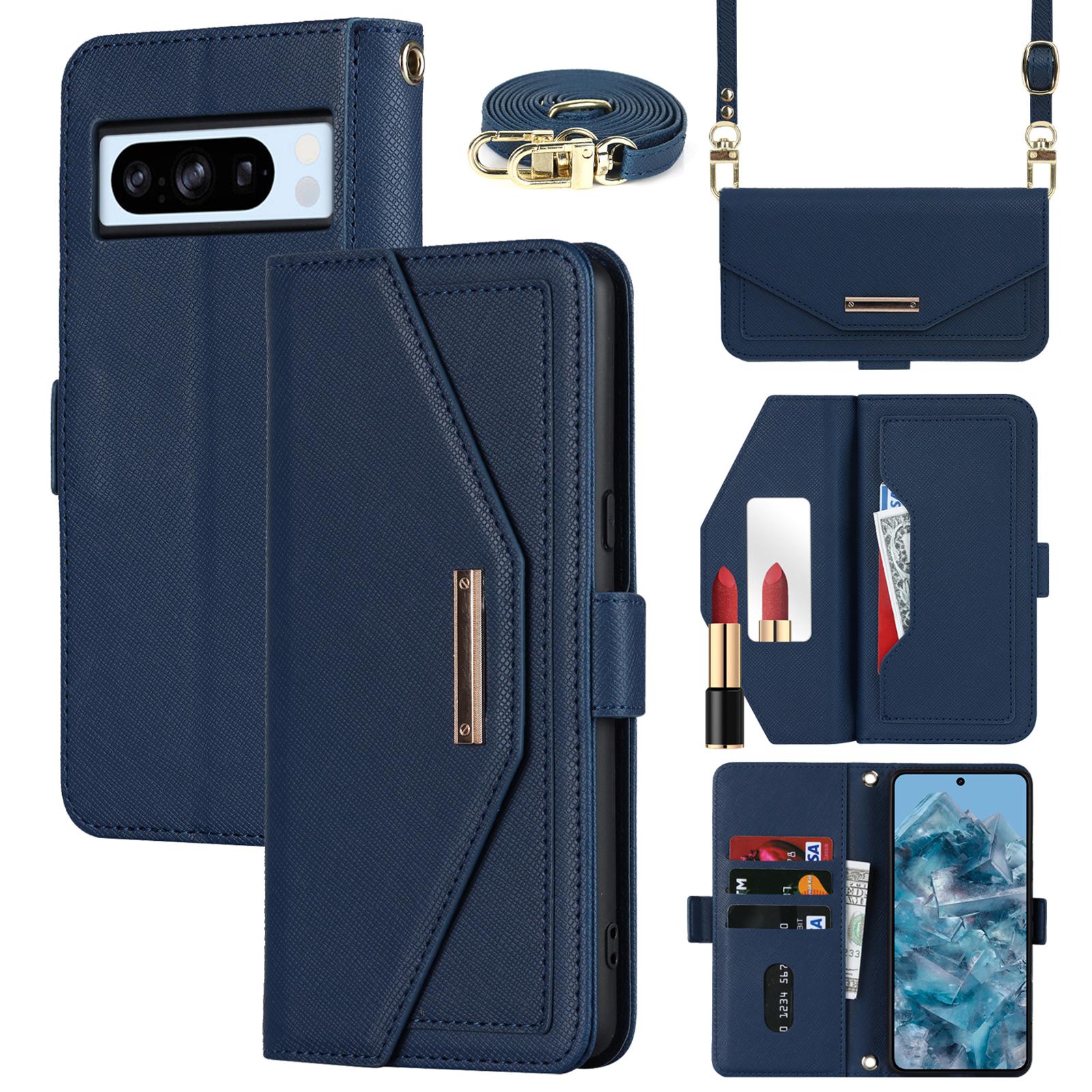 

For Google Pixel 8 Pro Stand Case Cross Texture PU Leather Wallet Phone Cover with Shoulder Strap/Makeup Mirror Blue