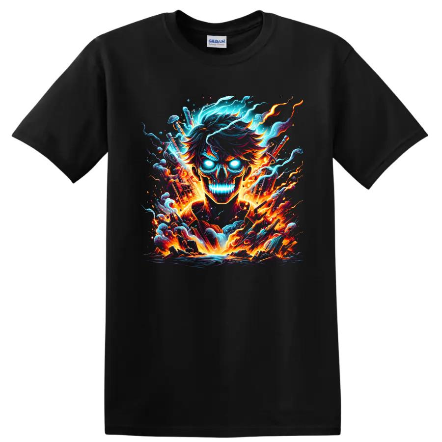 Anime Flaming Skull T Shirt w/ Neon Swords Fire Fantasy Graphic Artwork Tee
