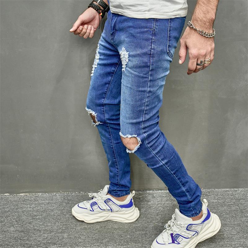 2024 New European And American Style Men'S Perforated Small Leg Jeans With Slight Elasticity Men'S Denim Pants