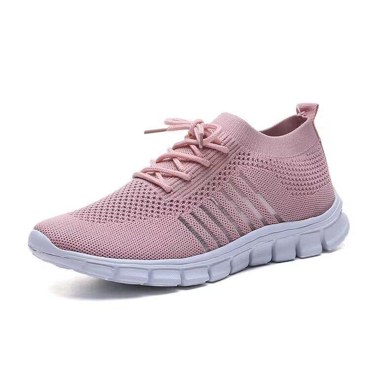 Korean Style Women's Lace-Up Flyknit Mesh Sneakers, Size 43, Lightweight Flat Bottom, Plus Size Available