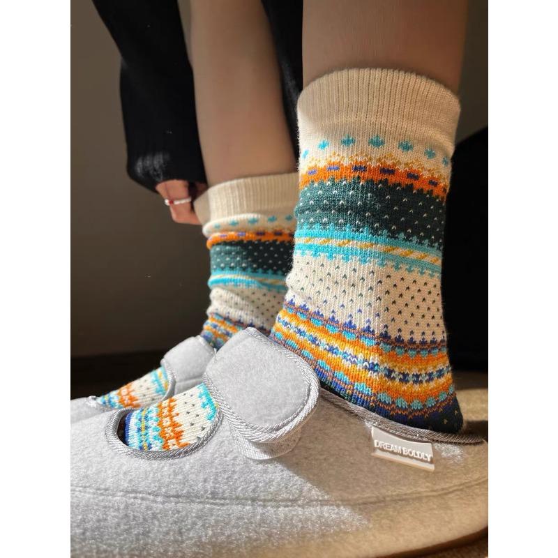 Trendy Ethnic Style Socks for Women, Pure Cotton, Autumn and Winter, Personalized and Versatile, Color-blocking Thick Thread Pile Socks