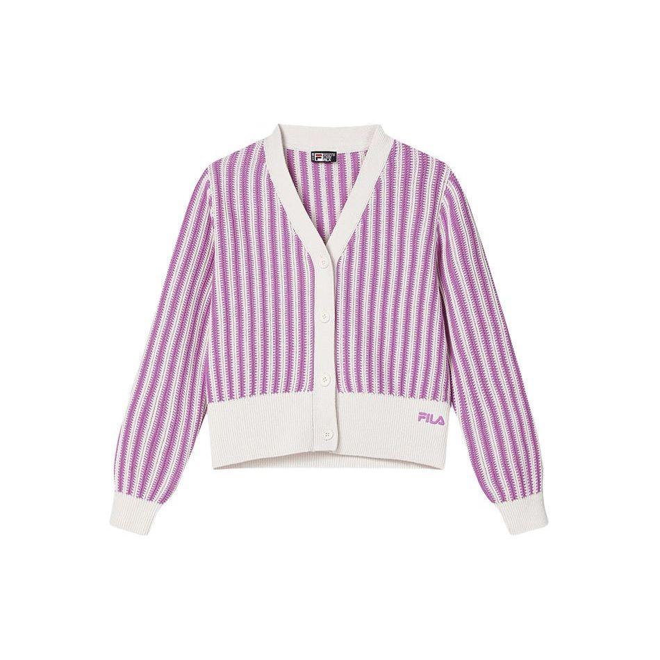 

FILA Heritage Series Full Print Striped V-Neck Single-Breasted Long Sleeve Knit Top Women tops Purple Red F11W418408F-PU S