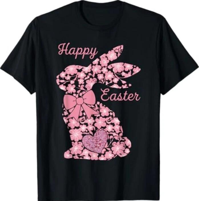 Happy Easter Pink Floral Chinoiseries Bunny Coquette Bow T-Shirt 2XL