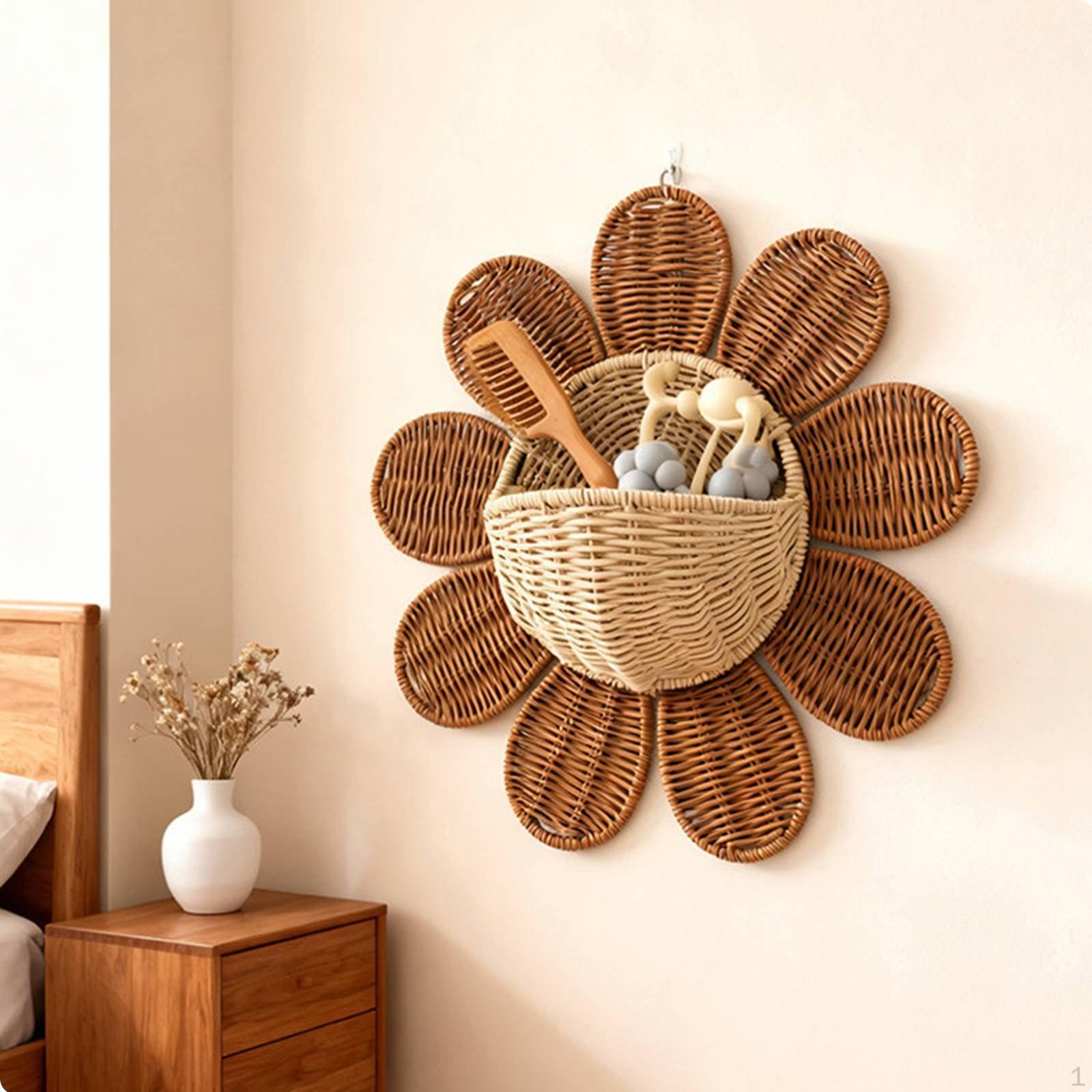 Woven Rattan Storage Basket MultiFunctional Boho Nursery Wall Decor Easy to Clean Flower Shaped