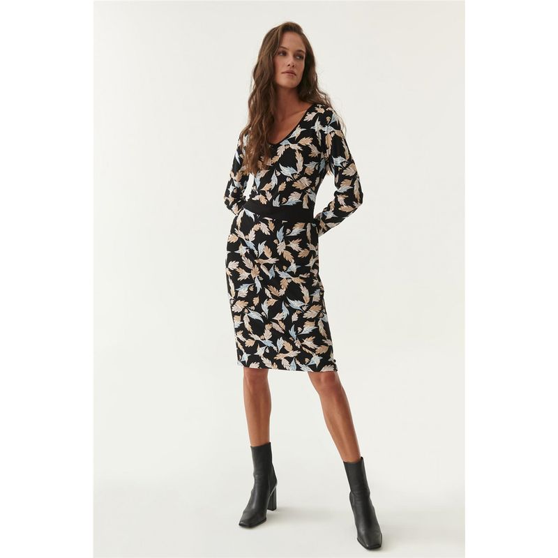 

Foreign Trade Surplus Orders Tail Goods European Leaves Floral Stretch Rayon Slim fit Women Spring Long sleeve dress round Neck Black S