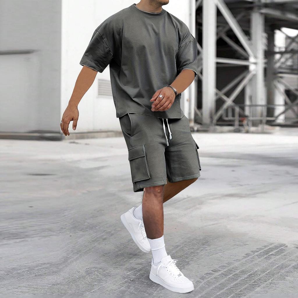 Men's Casual Short Sleeve T-Shirt and Cargo Shorts Set Lightweight Breathable Fabric Loose Fit Summer Outfit