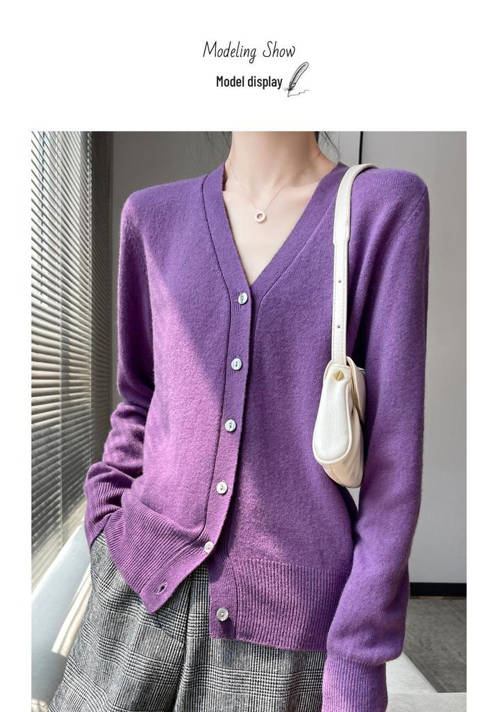 Elegant Merino Wool V-Neck Cardigan - Women's Lightweight Autumn Sweater