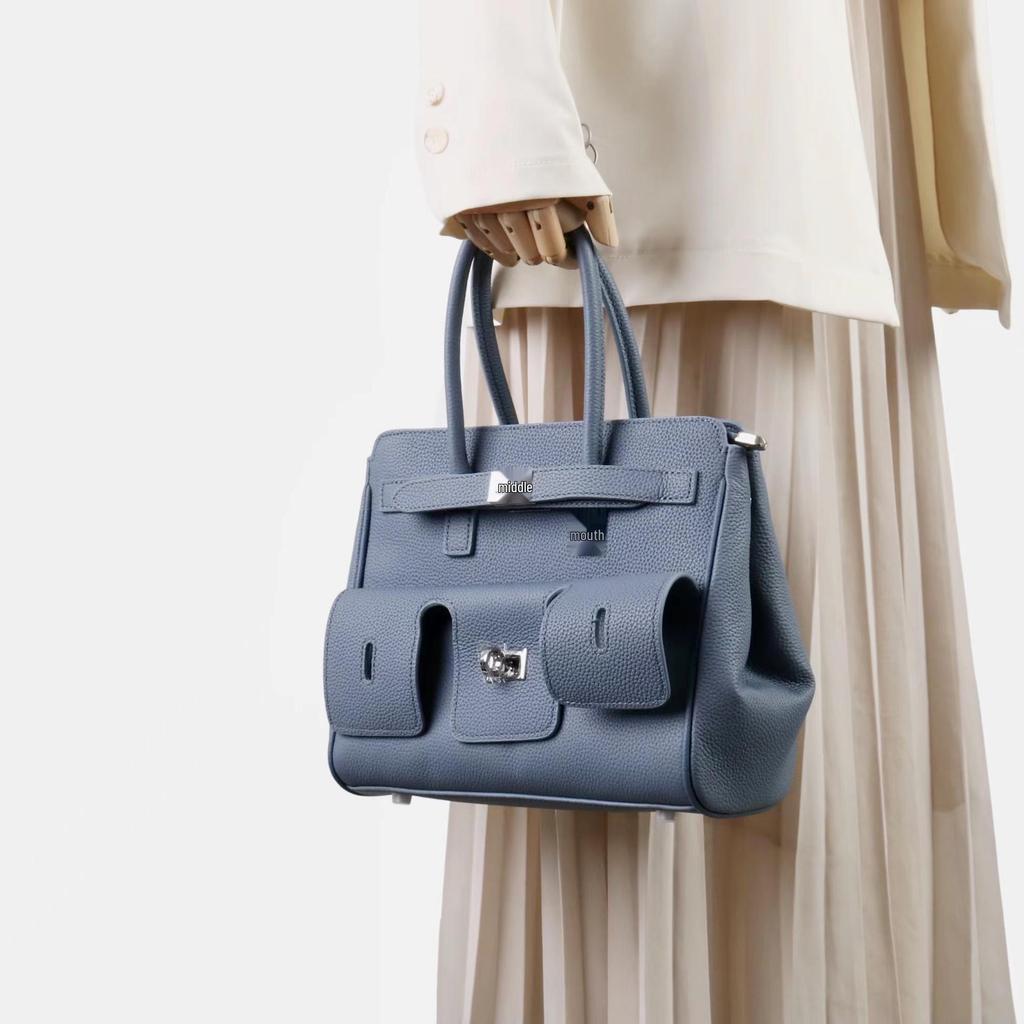 Women's Biker Genuine Leather Multi-Pocket Tote with Dark Square Buckle