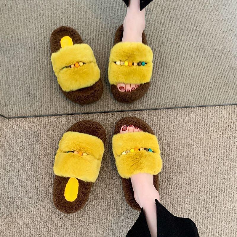 Beaded warm one-word cotton slippers thick bottom heightening fluffy slippers women wear autumn and winter new fashion versatile