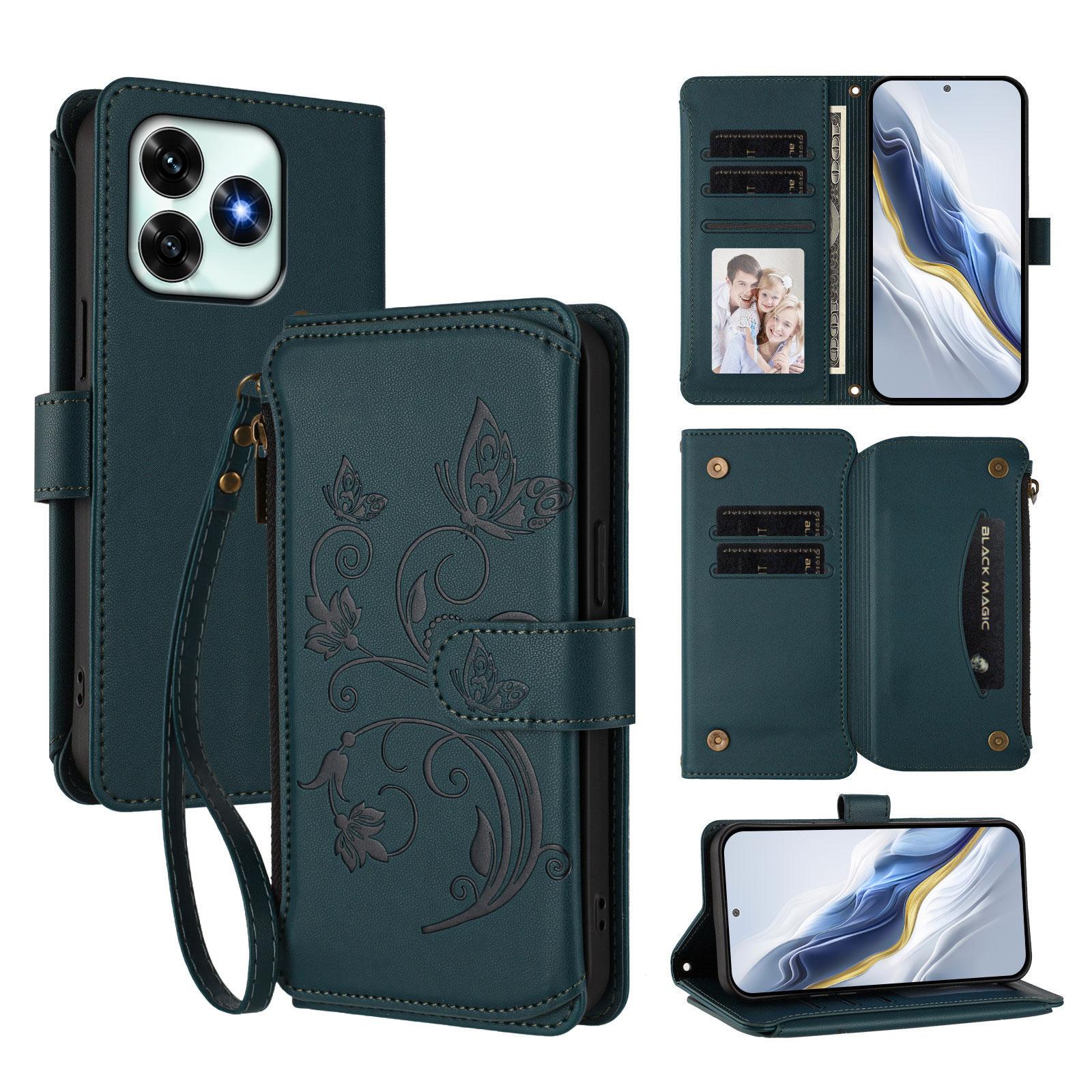 

For Honor X5c Plus 4G Leather Case Butterfly Floral Imprint Zipper Wallet Stand Cover with Wrist Strap