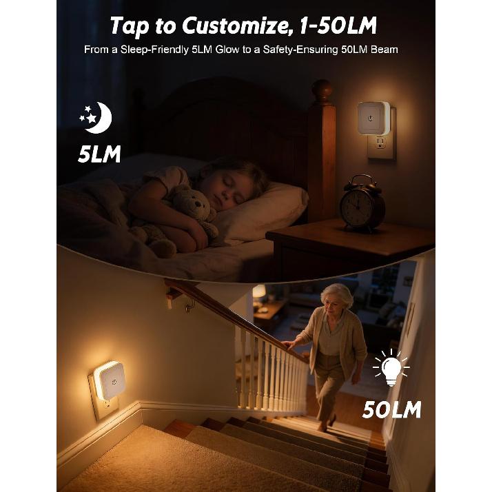 Sujeet Night Light, 4 Pack 1-50LM Stepless Dimming LED Night Light with 3CCT (3000K/4500K/6500K), Night Lights Plug Into Wall for Adults, Bedroom,