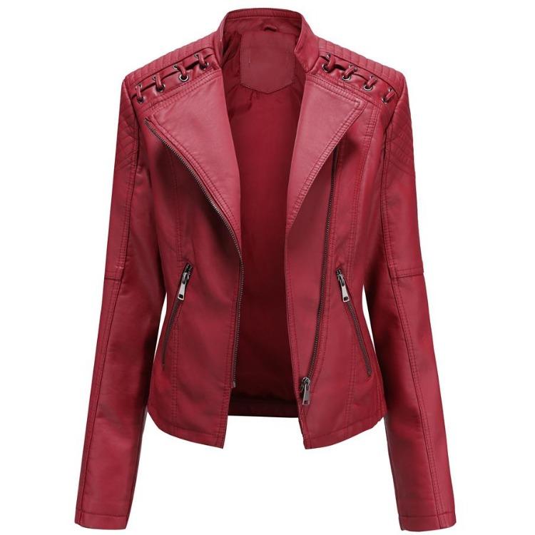 Stylish Women Faux Leather Moto Jacket Retro Lacing Detail PU Biker Coat Casual Zip Up Outerwear Slim Fit Short Classic Plus Size S-4XL