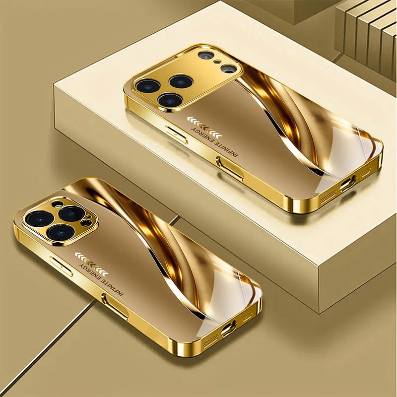 Coque de téléphone en verre motif courbe métallique de luxe peinture métallique dorée pour iPhone 17 Pro Max 11 12 13 14 15 16 Plus 17Air 16E Housse