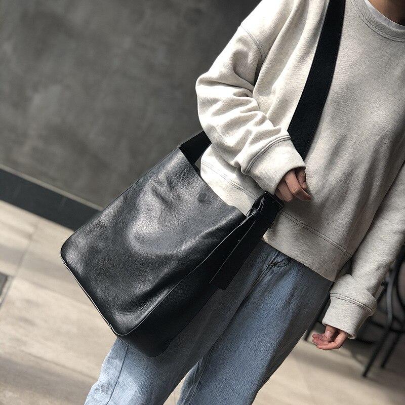 Leisure Women Big Bag Genuine Leather Wide Belt Bucket Bag Soft First Layer Cowhide Shoulder Bag