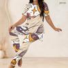 Women Plus Size Two Piece Set Round Neck Short Sleeve Cartoon Lamb Printed Top Fitted Long Pants