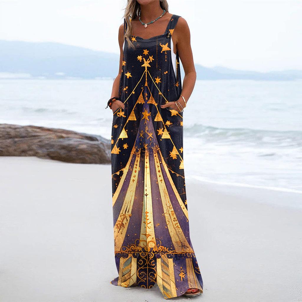 Wide Leg Overalls For Women Casual Loose Sleeveless Print Button Long Pant Romper Jumpsuit With Pockets