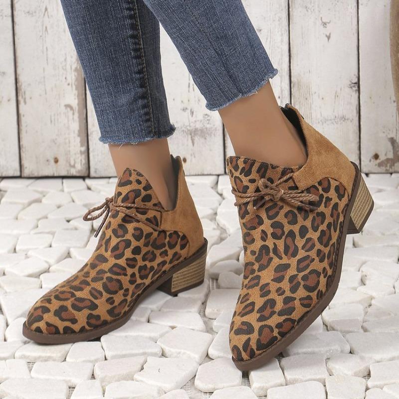 Large size leopard print low heel pointed short boots women's autumn and winter new one-pedal Martin boots