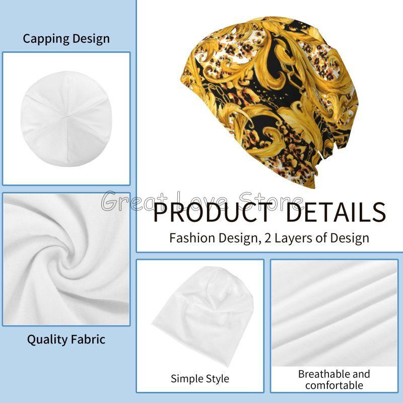 Cool Golden Flower Baroque Print Beanie Hat Women Warm Cycling Bonnet Cap Unisex Knit Hats Headwear Skullies Beanies