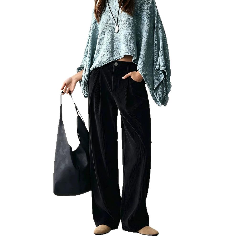 Women Corduroy High Waist Wide Leg Pants Casual Loose Fit Solid Color Trousers with Pockets